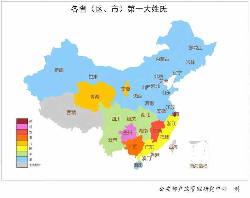 2019年全国各地第一大姓氏